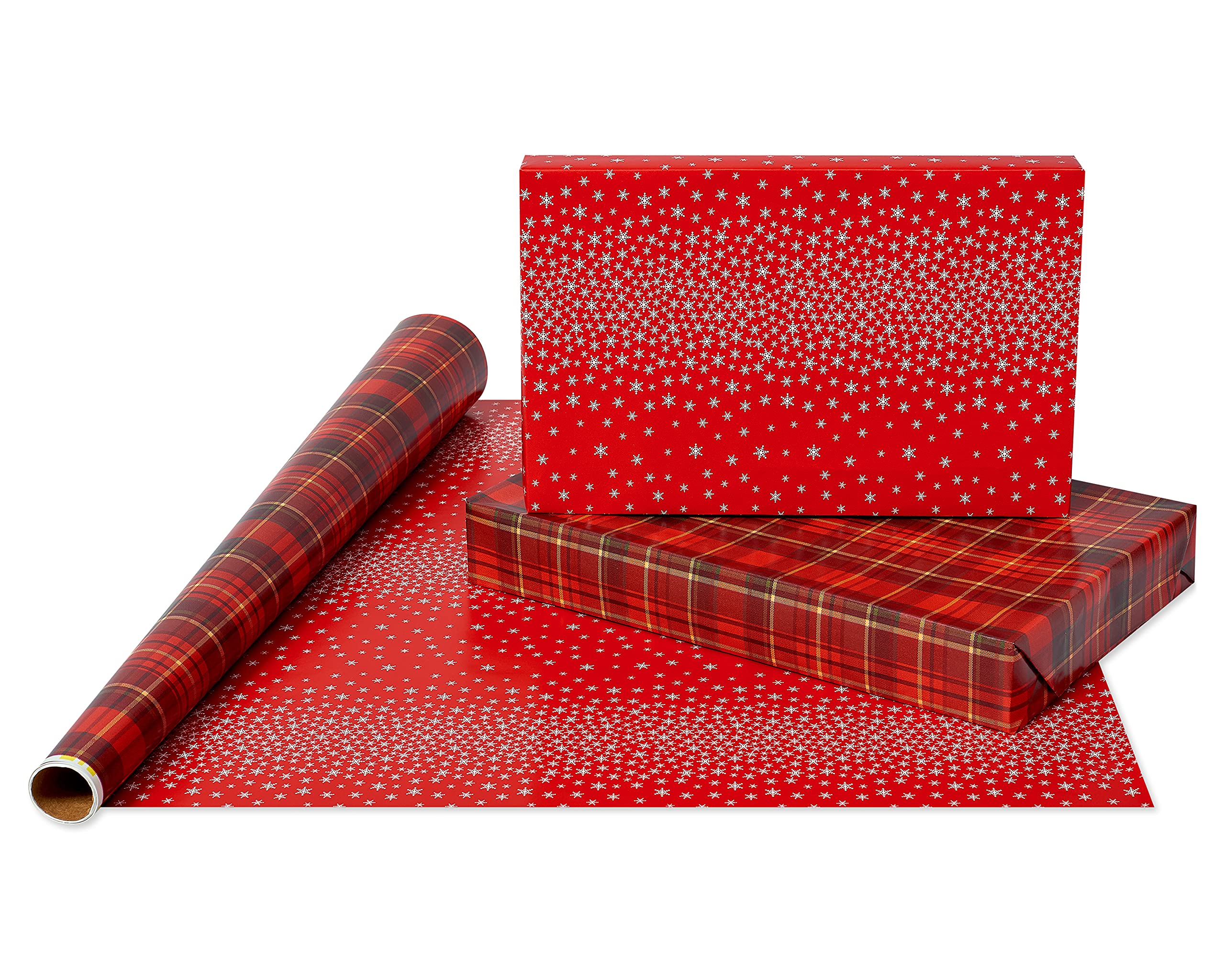 American Greetings Christmas Wrapping Paper Bundle, Rustic Designs (4 Rolls, 160 sq. ft) & Christmas Reversible Wrapping Paper Jumbo Roll, Snowflakes (1 Roll, 175 sq. ft.)