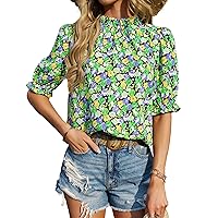 BTFBM Women's Summer Boho Shirt Top Ruffle Short Sleeve Frill Trim Mock Neck Floral Solid 2024 Casual Blouses Shirts Tops