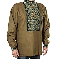 Rushnichok Vyshyvanka for Men - Green Linen Shirt - Ukrainian vishivanka Embroidered - Slavic Folk