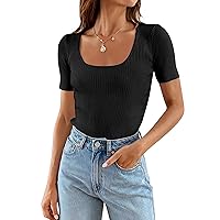 ZESICA Women's Short Sleeve Square Neck T Shirts 2024 Summer Slim Fitted Ribbed Knit Basic Casual Tee Tops,Black,X-Small