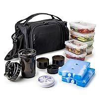 Insulated Meal Prep Lunch Box with 6 BPA-Free, Reusable, Microwavable, Freezer Safe Food Portion-Control Containers, Shaker Cup, Pill Organizer, Lunch Bag with Storage Pocket - (Black)