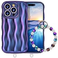 Compatible with iPhone 15 Pro Max Phone Case with Phone Wrist Strap Cell Phone Chain Charms Lanyard Water Ripple Design Soft Cover for Women Sparkly Diamond Ball Purple