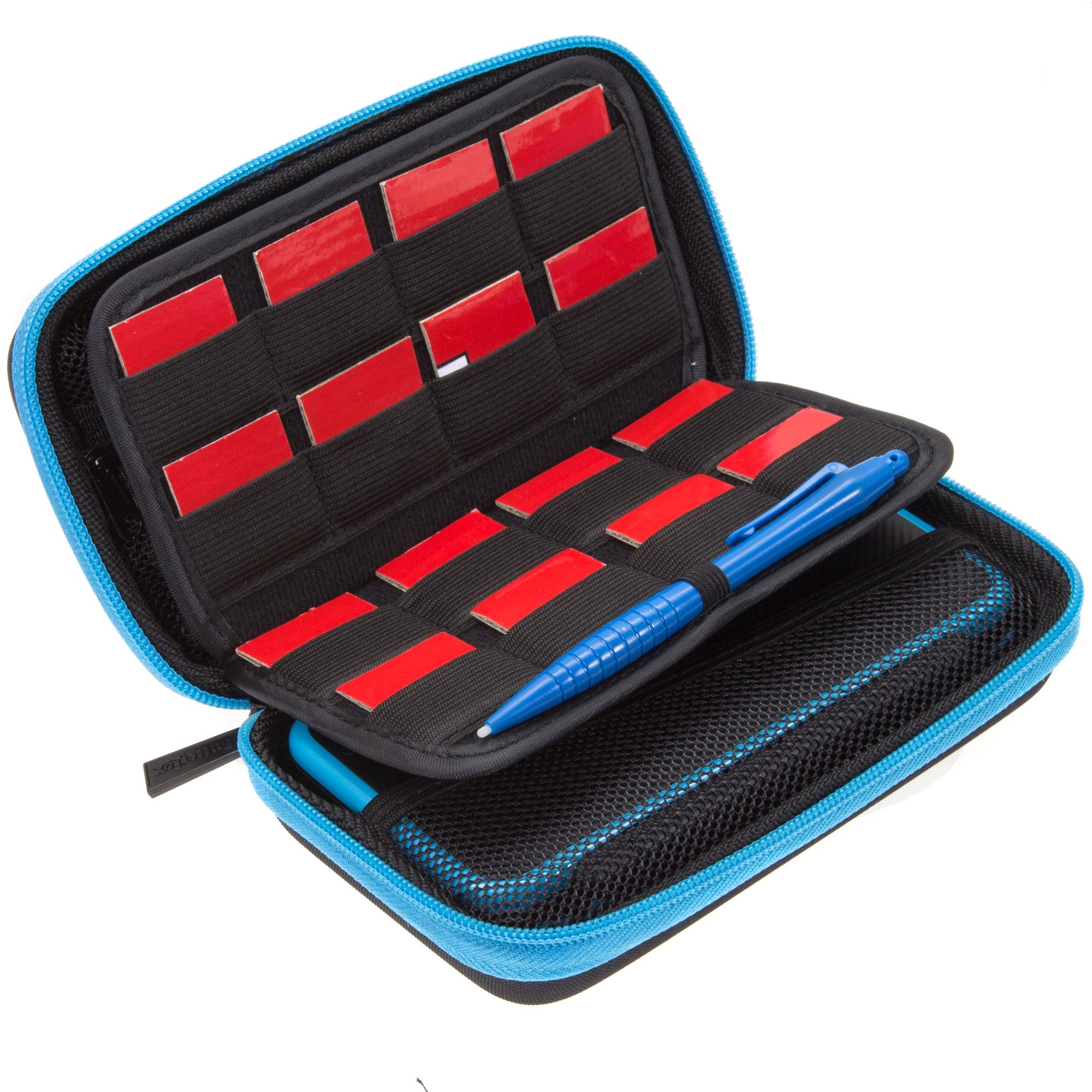 BRENDO Hard Carrying Case for New Nintendo 2DS XL + Large Stylus, Fits Wall Charger, 24 Game Cartridge Case Holder, Large Accessories Pocket - Black + Turquoise