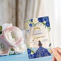 Quinceanera Invitation Royal Blue Dress Clear Glass Invitation, Mis Quince, Navy Blue, Sweet 15, Sweet 16, Quince anos Floral Design, Spanish Design Mexican