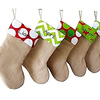 Personalized 19” Christmas Stocking Natural Burlap with Red Lime White & Green Patterns. 1 Custom Stocking with Name or Blank