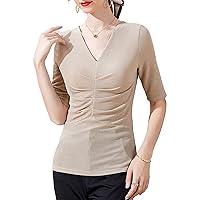 Women's Fashion Mesh Tops Summer Casual V Neck Short Sleeve Pleated Rhinestone Stretchy Blouses Elegant Formal Work Shirt
