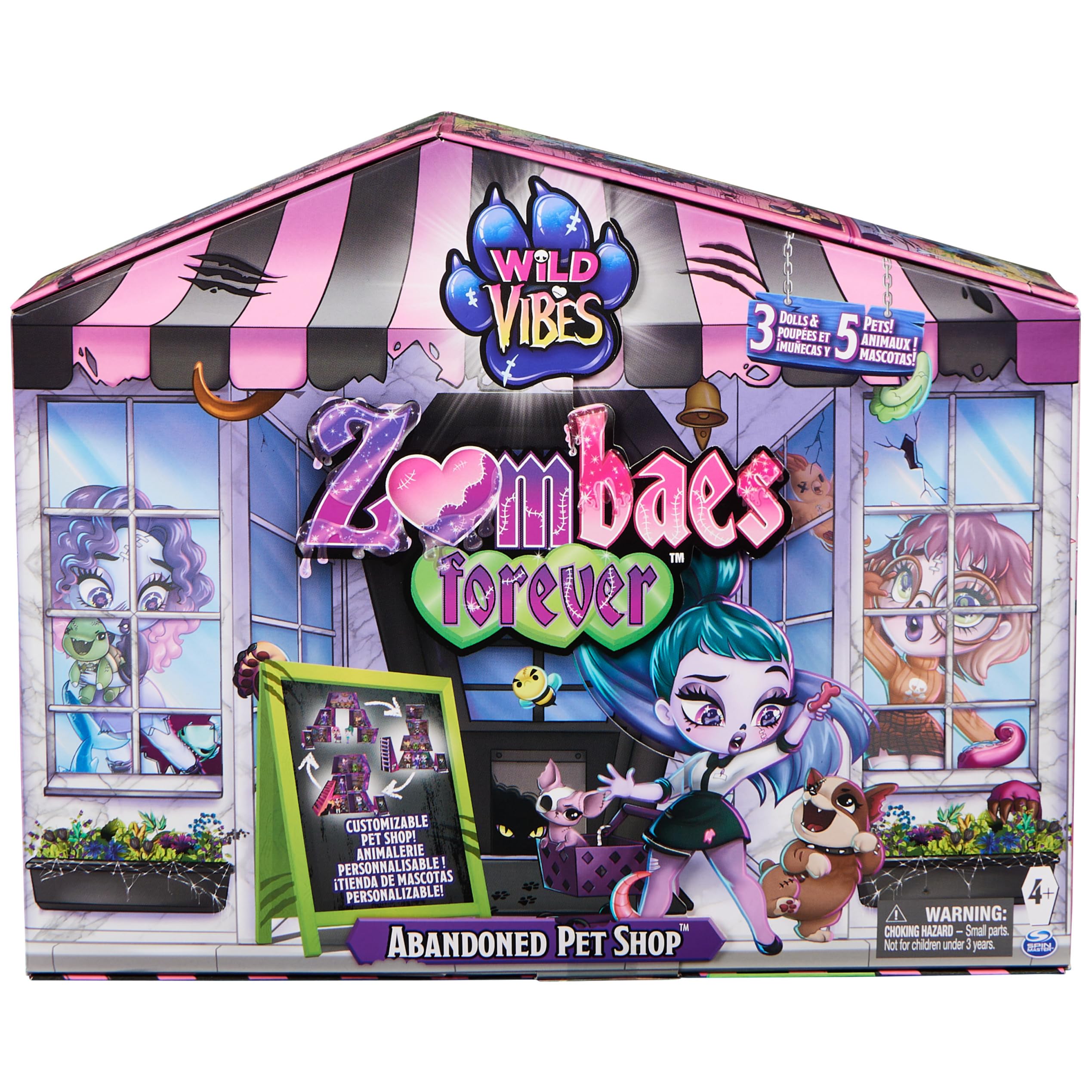 Zombaes Forever, Wild Vibes, Abandoned Pet Shop Customizable Doll House Playset, 3 Exclusive Zombie Dolls & Accessories, 5 Pets, Kids Toys for Girls