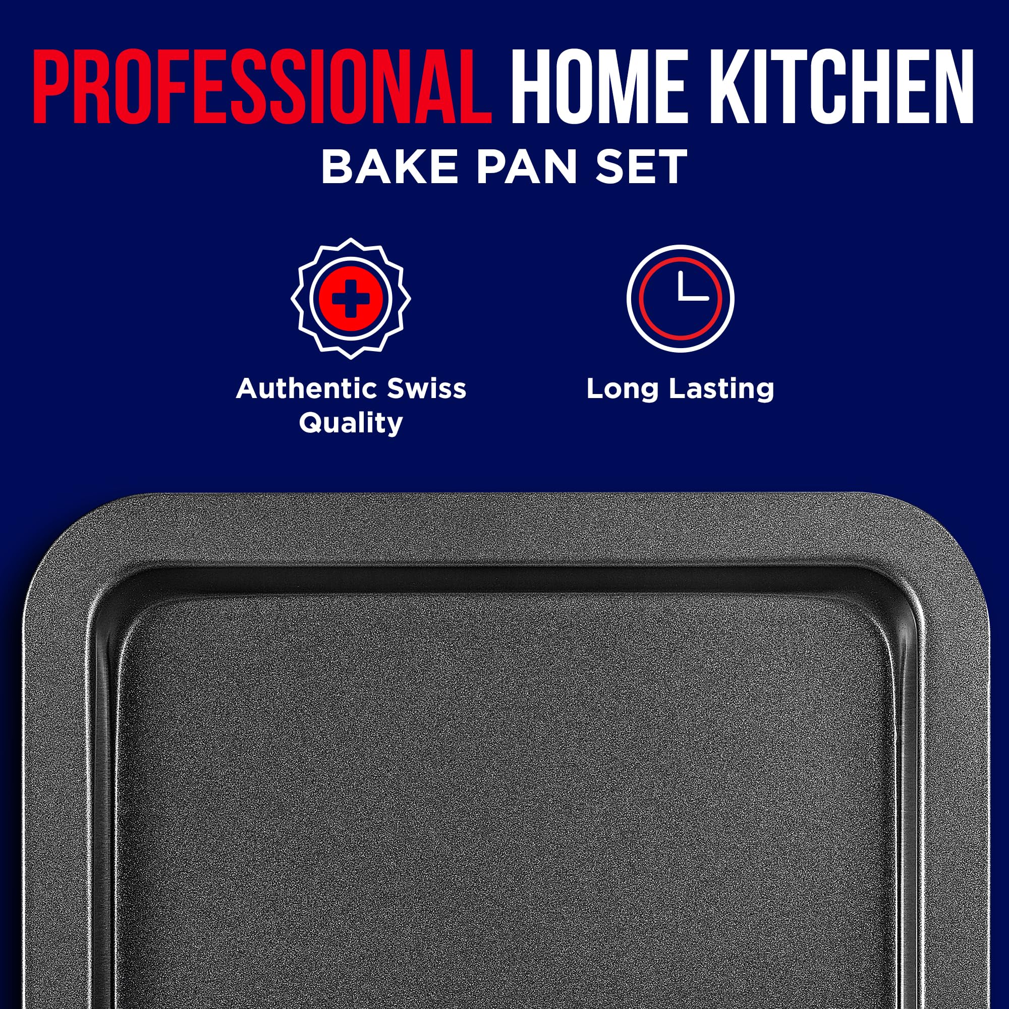 3 Piece Set Nonstick Carbon Steel Oven Bakeware -Professional Quality Kitchen Cooking Baking Trays -PFOA, PFOS, PTFE-Free Small, Medium & Large Baking Sheet Pans