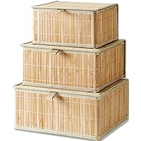 Bamboo Decorative Storage Boxes - Set of 3 Woven Lined Storage Basket with Lids, Beige Wicker Lidded Baskets for Home Kitchen Shelf Organizer Decor