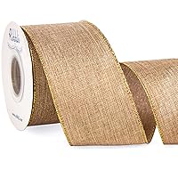 Ribbli Metallic Beige Linen Wired Ribbon,2-1/2 Inch x Continuous 10 Yard, Natural Burlap Ribbon with Gold Edge,Christmas Ribbon for Wreaths,Big Bow,Gift Wrapping, Christmas Tree Decoration