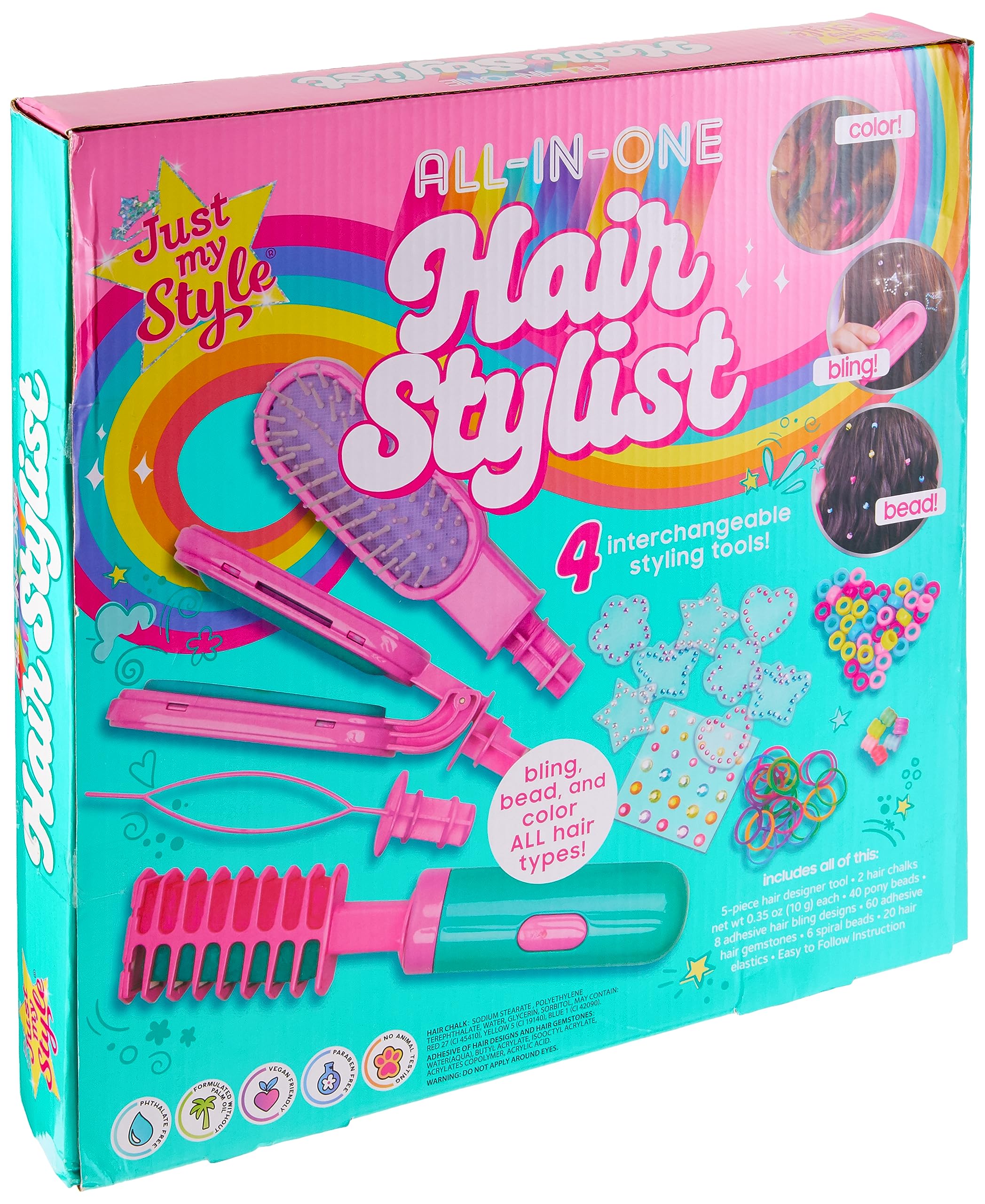 Just My Style All-in-One Hair Stylist, 4-in-1 Hair Styling Tool, Including Hair Gem Stamper, Hair Beader Tool, Hair Chalk, Hair Brush, Fun for Sleepovers & Parties, Hair Accessories for Girls 8-12