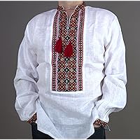 Vyshyvanka Mens Ukrainian Embroidered Shirt New Bukovina Handmade Linen White Red Green XL Easter Gift