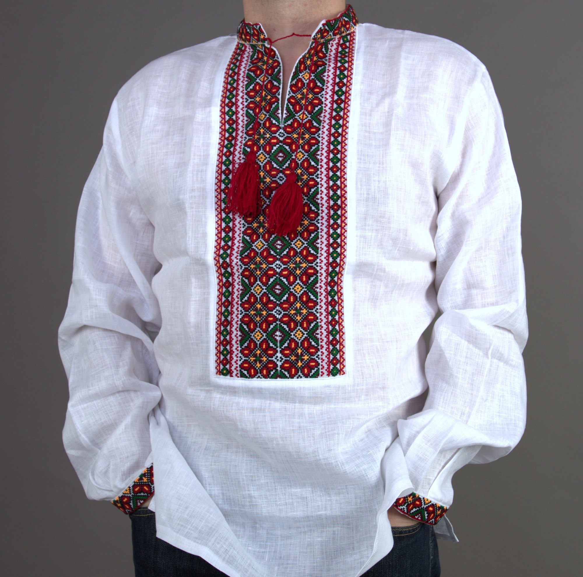 Vyshyvanka Mens Ukrainian Embroidered Shirt New Bukovina Handmade Linen White Red Green XL Easter Gift