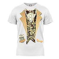 fresh tees Unisex Camo Tuxedo Shirt with Bowtie and Beer Can | Funny T-Shirt for Men/Women