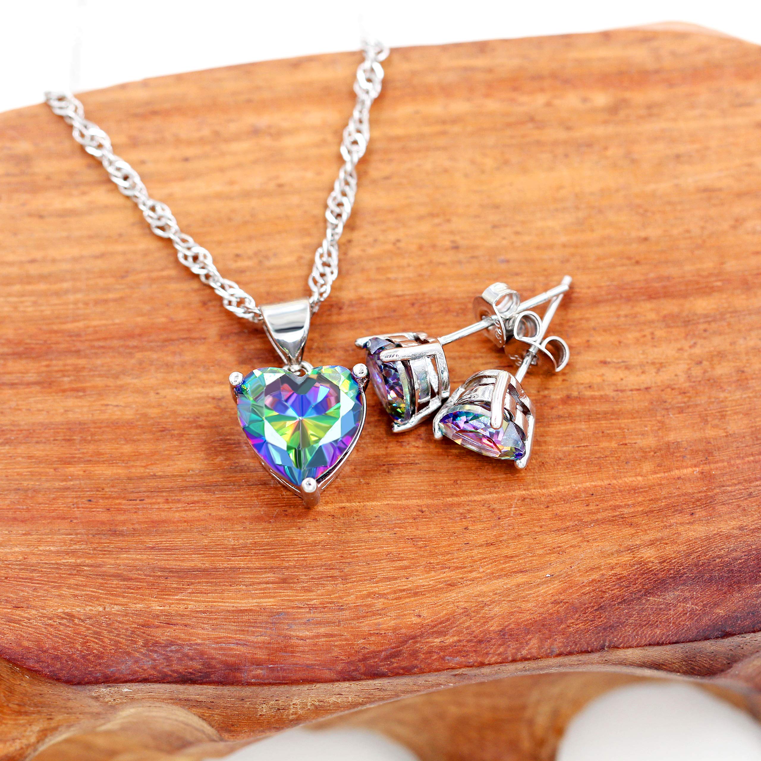 Uloveido 10mm Simulated Mystic Topaz Rainbow Heart Cubic Zirconia Solitaire Pendant Necklace Platinum Plated Y891