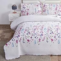 Summer Lightweight Thin Floral Quilts Full/Queen Size,Purple Blue Lilac Flowers Green Leaves Botanical Bedspread Coverlet Set,Breathable Bed Cover with Standard Pillow Shams,Random Patterns