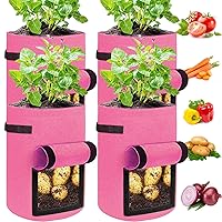 JJGoo 4 Pack Potato Grow Bags 10 Gallon with Flap, Heavy Duty Fabric with Handle and Harvest Window, Non-Woven Planter Pot Plant Garden Bags to Grow Vegetables Tomato, Rose Red