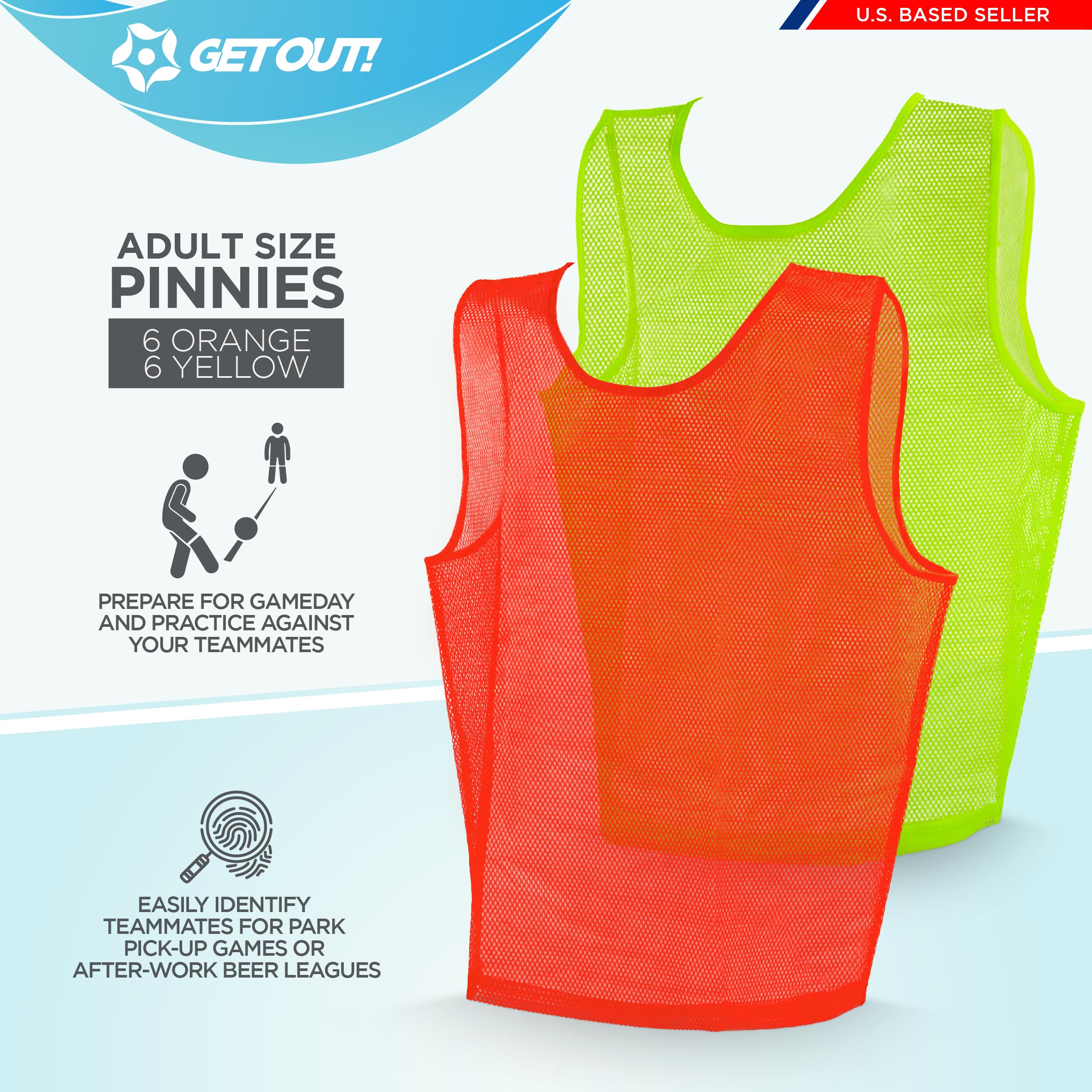 Get Out! Scrimmage Vest Pinnies 12pk in Red and Blue – Youth, Teens and Adult Sizes – Nylon Mesh Jerseys for Any Sport