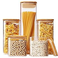 Square Glass Jars with Bamboo Lids [Muti Size Set of 5], Glass Canisters with Airtight Lids, Glass Food Storage Containers for Pasta, Cereal, Flour, Sugar, Best for Kitchen & Pantry