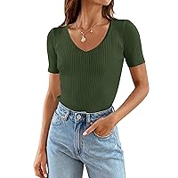 ZESICA Women's Short Sleeve V Neck T Shirts 2024 Summer Casual Ribbed Knit Slim Fit Solid Color Basic Tee Tops