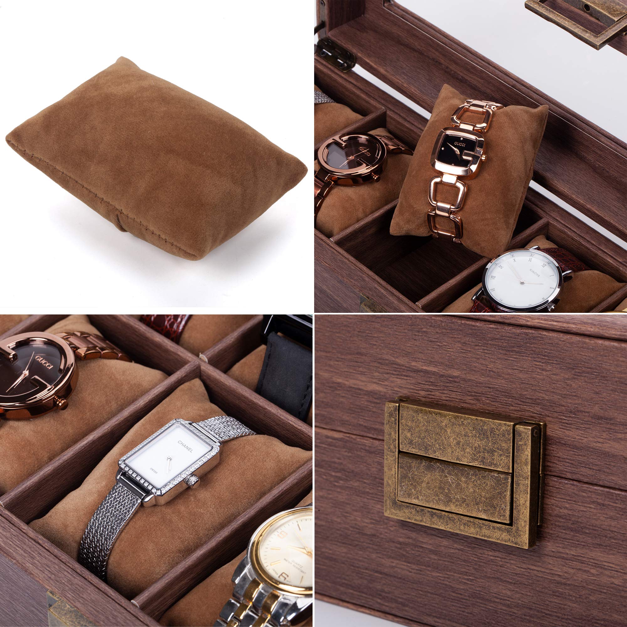 READAEER 6 Slot PU Leather Watch Box Organizer Watch Case with Glass Top