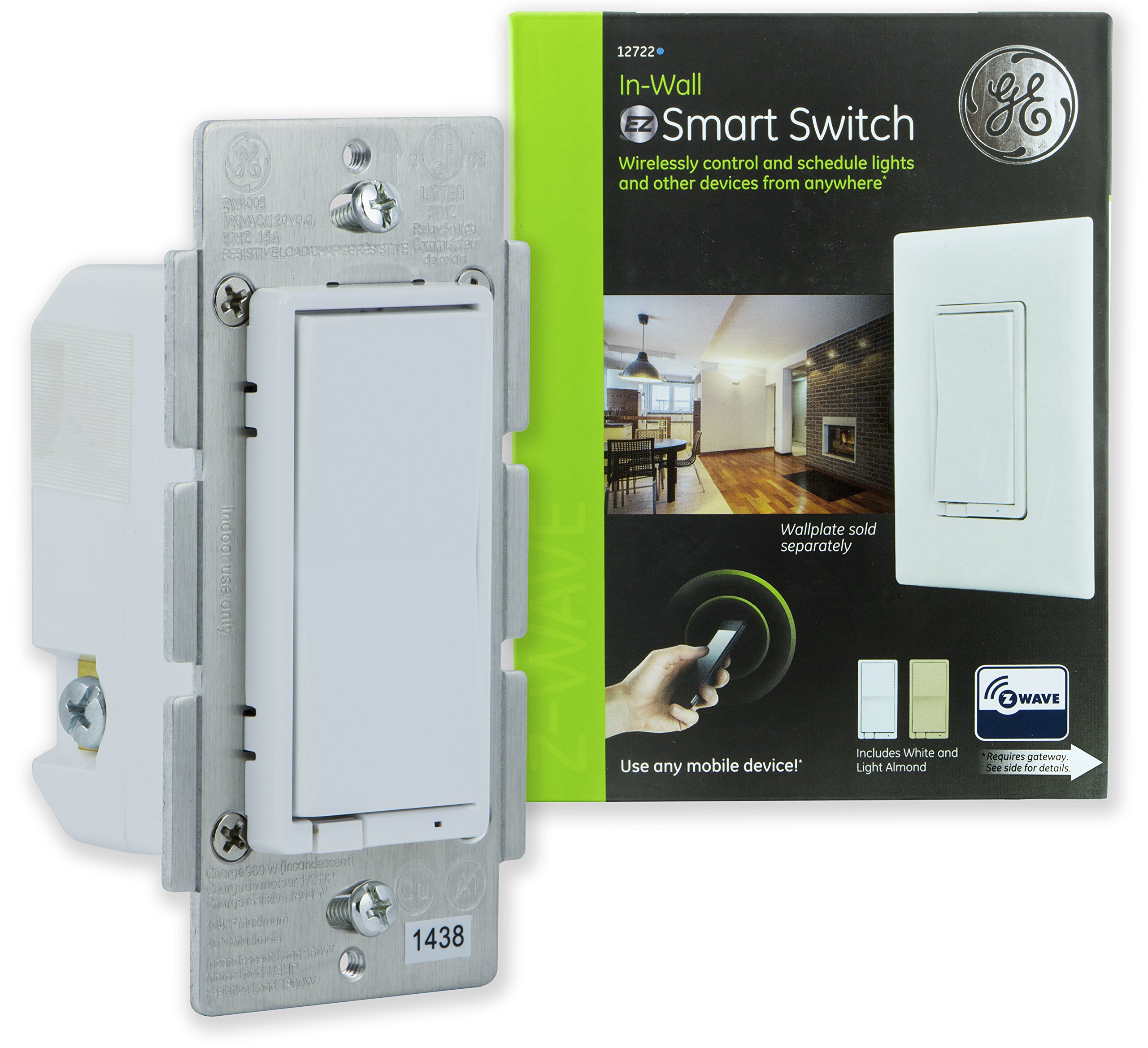 GE Z-Wave Wireless Smart Lighting Control Light Switch, On/Off Paddle, In-Wall, White & Lt. Almond Paddles, Repeater & Range Extender, Zwave Hub Required- Works with SmartThings Wink and Alexa, 12722