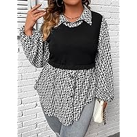 Plus Geo Print Lantern Sleeve 2 in 1 Top (Color : Black and White, Size : XX-Large)