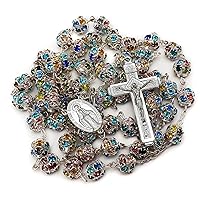 Nazareth Store Colorful Zirconia Crystal Beads Rosary Silver Catholic Necklace with Miraculous Medal Cross Crucifix Multicolor Rosaries in Velvet Bag
