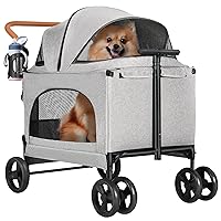 DWVO Extra Large Dog Stroller for Large Dog or Multiple Dogs/Cats, Heavy Duty Pet Trailer for Large, Elderly, Unmovable Dogs, One-Click Folding Pet Stroller with Cup Holder, Up to 165 LBS, Grey
