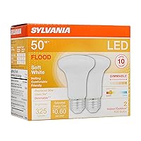 SYLVANIA LED Flood R20 Light Bulb, 50W=5W, 10 Year, 325 Lumens, E26 Medium Base, Dimmable, 2700K, Soft White - 2 Pack (73993)