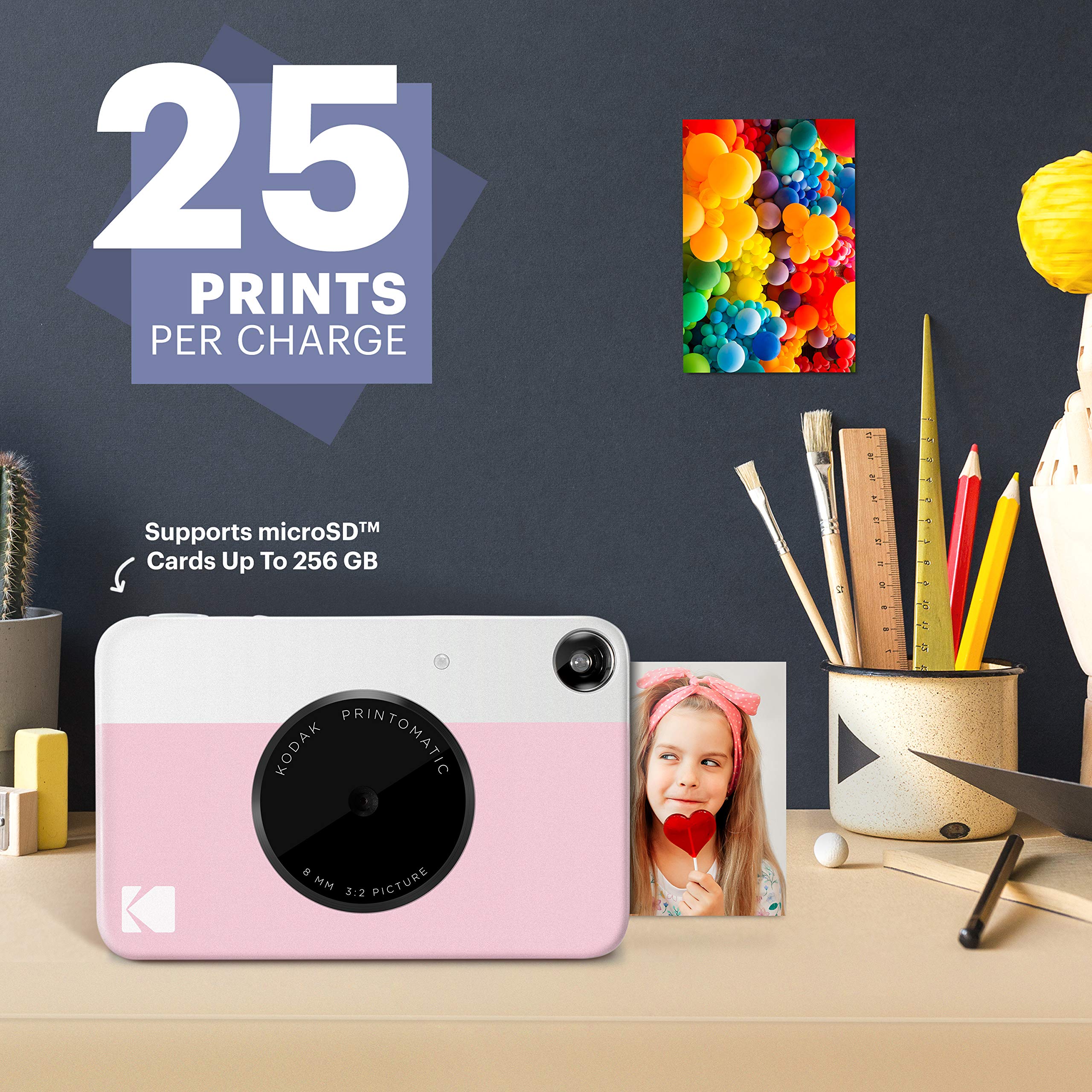 Kodak Printomatic Instant Camera (Pink) Gift Bundle + Zink Paper (20 Sheets) + Deluxe Case + 7 Fun Sticker Sets + Twin Tip Markers + Photo Album.