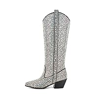Women's Rhinestone Cowboy Boots Sparkly Knee High Boots Fashion Pointed Toe Block Heel Mid Calf Cowgirl Short Ankle Booties