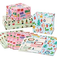 Hallmark Cute Christmas Flat Wrapping Paper Sheets with Cutlines on Reverse (12 Folded Sheets with Sticker Gift Tags) Pink, Mint Green, Plants, Cactus, Presents, Ornaments