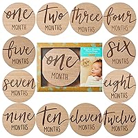 Baby Monthly Milestone Marker Discs, Reversible Photo Props, Baby Growth and Pregnancy Growth Cards, 1-12 Months, Gender-Neutral Gift, Classic Cursive Script Wooden Discs