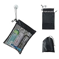 Shower Bag Tote, Mesh Caddy Toiletry Organizer 12”L x 9”W, Compact and Lightweight With Suction Cup, Cord for Hanging, Zipper and Drawstring Pouch 14”L x 10”W, Black