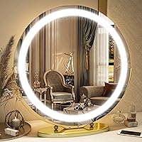 Vierose 20 inch Large Vanity Makeup Mirror with Lights, 3 Color Lighting Modes | Round Lighted Up Makeup Mirror with Dimming LED Halo for Dressing Room & Bedroom Tabletop, Touch Control (Gold)