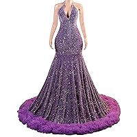 Sequin Evening Dresses Halter V-Neck Sleeveless Mermaid Formal Prom Dress
