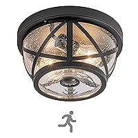 Motion Sensor Ceiling Light Fixture Outdoor Flush Mount Manual Dusk to Dawn Matte Black Waterproof Indoor Ceiling Light Fixture with Seeded Glass for Front Porch Garage Entrance