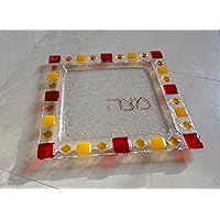 Warm colors frame Matzah plate Hebrew lettering by YafitGlass