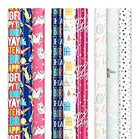 American Greetings Reversible Birthday and All Occasion Wrapping Paper for Kids, Unicorns and Dinosaurs (9 Rolls, 120 sq. ft.)