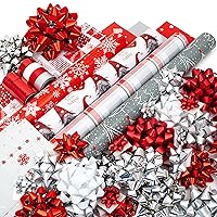 60 Piece Reversible Christmas Wrapping Paper Rolls with Coordinated Bows, Ribbons, and Gift Tags (4 Rolls with 30 Bows, 2 Ribbon Spools, and 24 Tags)