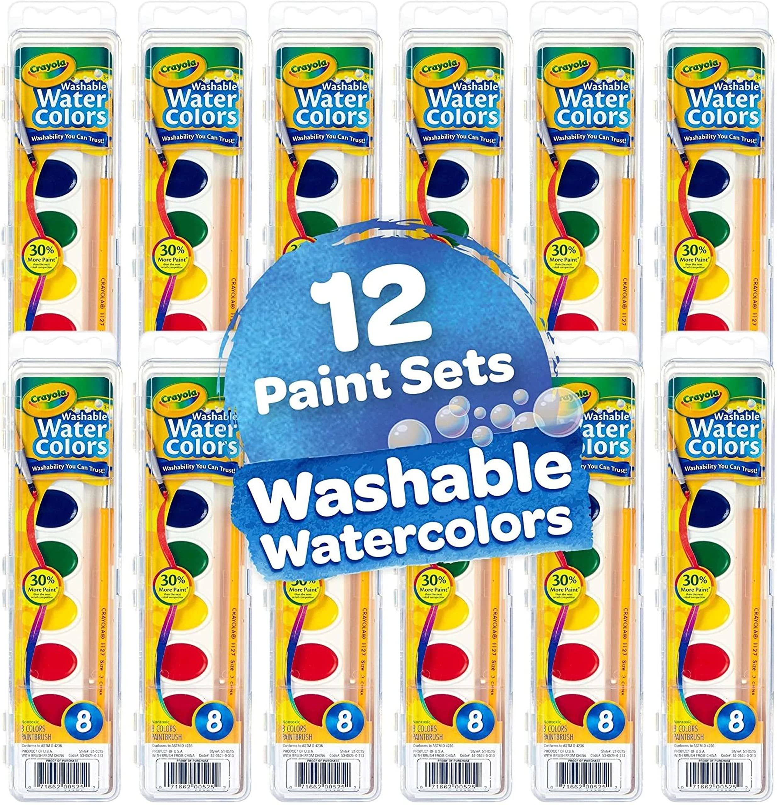 Crayola Washable Watercolors, 12 Paint Sets for Kids, School Supplies Bulk, 8 Vibrant Colors