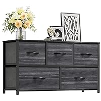 YITAHOME Dresser with 5 Drawers - Fabric Storage Tower, Organizer Unit for Bedroom, Living Room, Closets - Sturdy Steel Frame, Wooden Top (Black Wood Grain)
