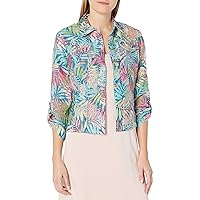 Ruby Rd. Women's Plus Size Button-Front Tropical Palms Printed Crinkle Burnout Shirt Jacket