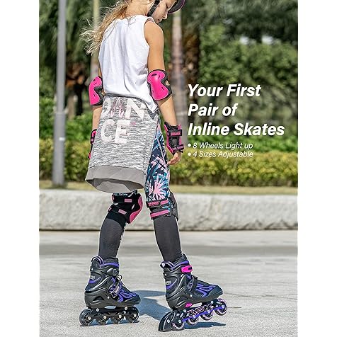 2PM SPORTS Vinal Girls Adjustable Flashing Inline Skates, All Wheels Light Up, Fun Illuminating Skates for Kids and Men