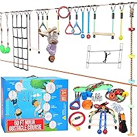 Hyponix Ninja Warrior Obstacle Course for Kids up to 880 Lbs - 2 x 60 ft - W/Bottom line & 13 Obstacles | Weatherproof | Easily Setup on Trees or Posts | Ninja Course for Kids Outside | Monkey Line