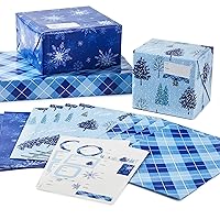 Hallmark Recyclable Flat Wrapping Paper Sheets with Cutlines on Reverse (12 Folded Sheets with Sticker Gift Tags) Winter Blue Plaid, Trees, Navy Blue, Light Blue, White, Gray (0005EW 1016)