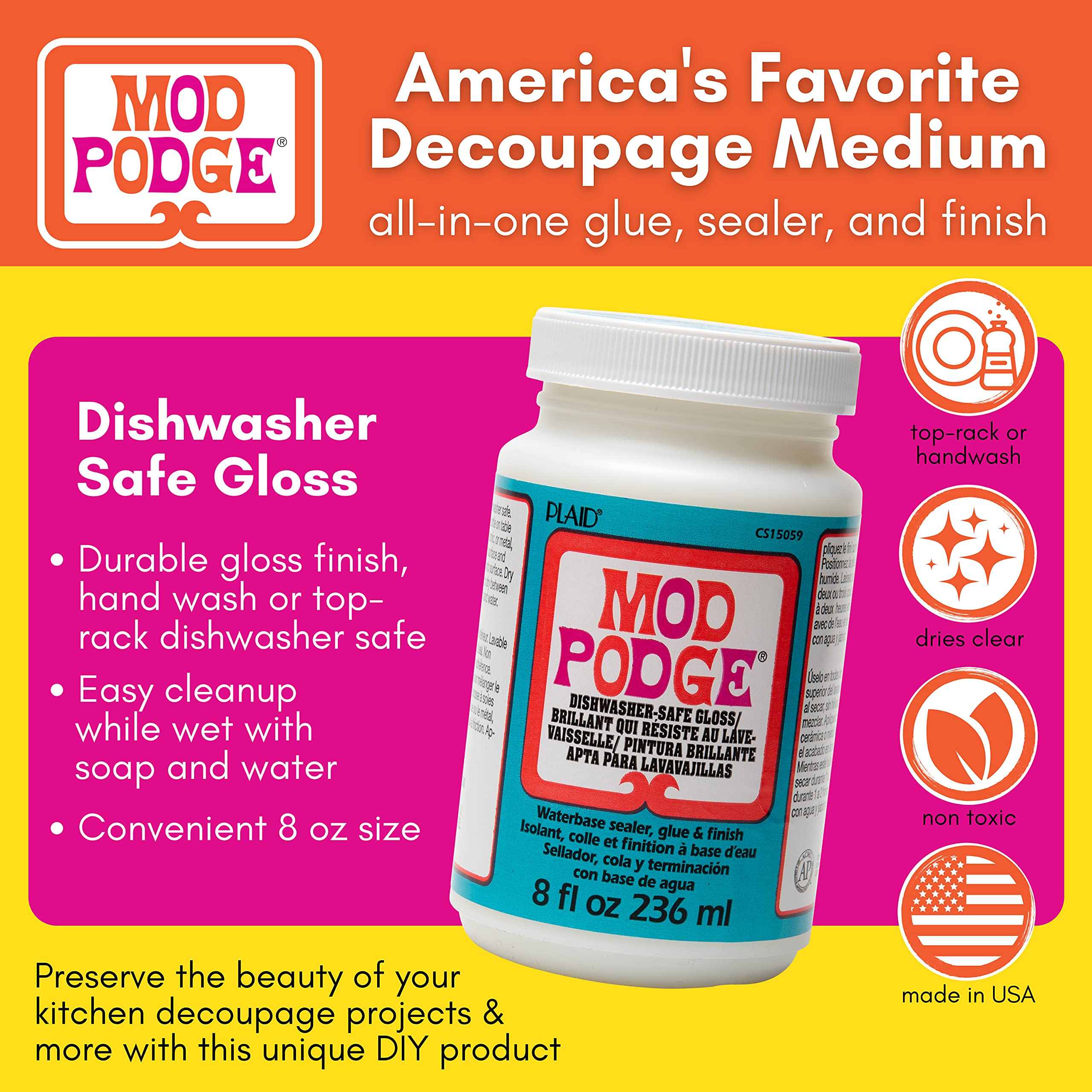 Mod Podge Dishwasher Safe Waterbased Sealer, Glue and Finish (8-Ounce), CS15059 Gloss, 8 Ounce