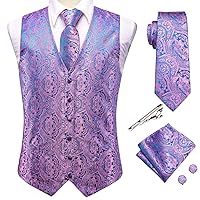 Hi-Tie Men's Suit Vest Tie Set With Lapel Pin Or Tie Clip Silk Waistcoat Necktie Handkerchief For Wedding Formal Tuxedo