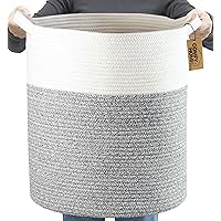 COMFY-HOMI XXL Large Laundry Basket with Handles Blanket Baskets Living Room|Woven Cotton Rope Decorative Basket Laundry Hamper Baby Gift Nursery Dog Toy Storage Organizer Bin-16”x18”-White Grey